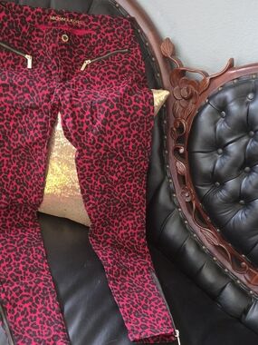 Michael Kors Red and Black Leopard-Print Skinny Low Rise Pants